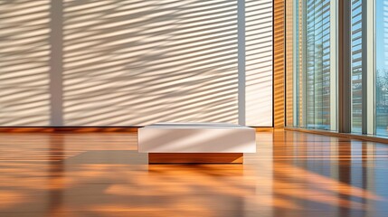 Minimalist interior featuring clean lines and natural light illuminating a simple white table on polished wooden floor.