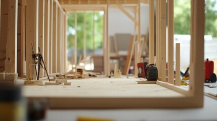 Wall Mural - A construction site with wooden framing and tools, showcasing a building in progress.