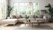 © Boss Architectura  - A Cozy and Welcoming Modern Living Room with a Plush L shaped Sectional Sofa Minimalist yet Stylish Decor Featuring Natural Wood and Plant Life Accents