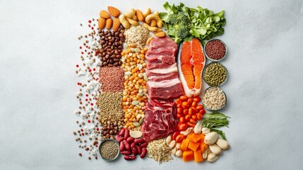 Wall Mural - This vibrant display showcases a diverse array of vitamin-rich foods such as seeds, nuts, legumes, vegetables, and meats arranged attractively on a neutral background