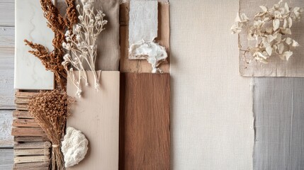 Poster - collage of eco friendly materials and textures in neutral shades featuring wood dried foliage and fa