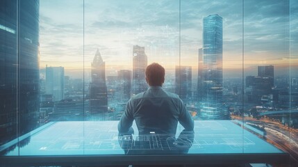 Canvas Print - A person gazing out at a city skyline from a futuristic office with digital overlays.