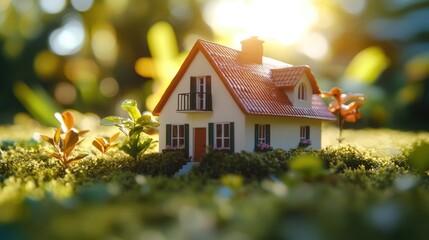 Close up of a miniature home model set on lush green grass illuminated by sunlight