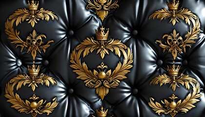 Wall Mural - Luxurious Capitonné Leather Background with Crown Symbol in Elegant Gold and Black Tones