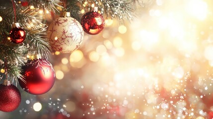 Christmas greeting banner with festive decorations and cheerful bokeh lights creating a joyful backdrop for celebrations