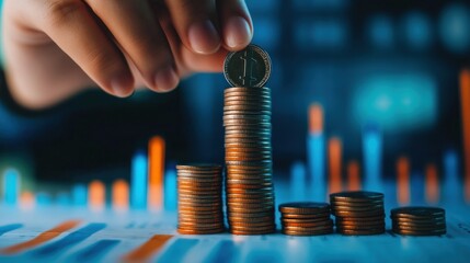 Poster - A hand stacking coins to create a tower, symbolizing investment and financial growth.