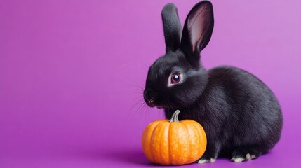 Charming black rabbit beside a small orange pumpkin on a purple background perfect for Halloween themed visuals