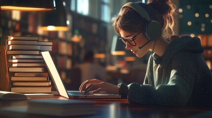 Canvas Print - A student studying in a library with a laptop and headphones, surrounded by books.