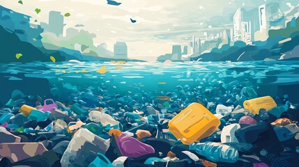 a vibrant underwater scene showing pollution with floating plastic waste among beautiful aquatic col