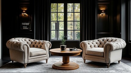 Two Armchairs Facing Each Other in a Dark Room with a Coffee Table and a Window View