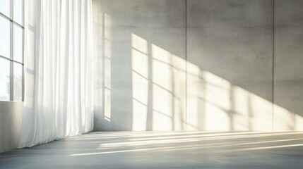 Poster - Bright empty room featuring soft shadows from window light and sheer white curtains Minimalist design with concrete walls and flooring ideal for architectural displays