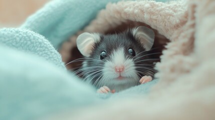 Wall Mural - A cute hamster peeking out from a cozy blanket, exuding warmth and charm.