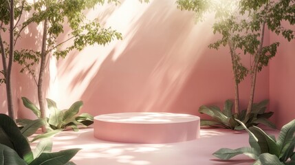 Poster - abstract composition featuring a podium in a soft pink room designed for product presentation comple