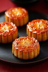 Four golden mooncakes with a shiny glaze, perfectly arranged on a black ceramic plate with red accents