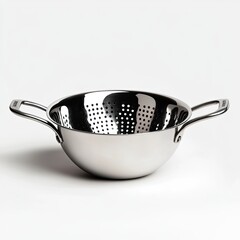 Stainless steel colander with handles, ideal for draining pasta or rinsing vegetables in a modern kitchen setting.