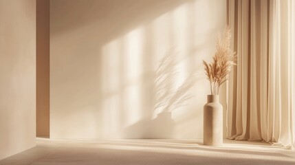Poster - a standing brochure mockup is displayed in a minimalist environment featuring warm tones and soft li