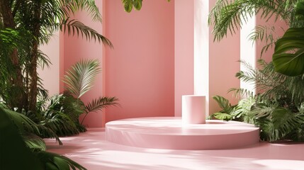 Poster - abstract composition featuring a podium in a soft pink room designed for product presentation comple