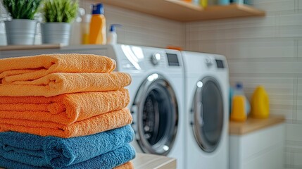 Stack of Orange and Blue Towels in a Laundry Room