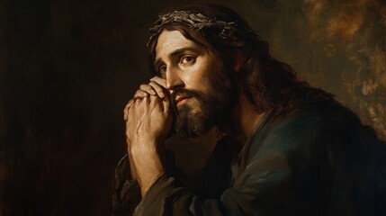 A close-up portrait of Jesus Christ, wearing a crown of thorns, with his hands clasped together in prayer.