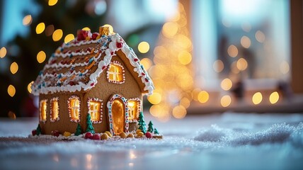 Gingerbread house with festive decorations on a snowy surface.