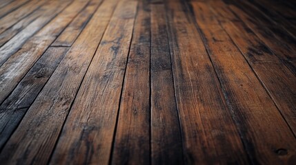 Poster - a weathered wooden floor featuring dark stained edges and textured scratches from dust accumulation