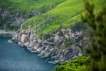 A towering cliff located by serene water with lush trees in the foreground