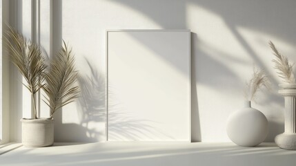 Poster - a serene indoor space showcasing a blank poster template gentle shadows and decorative elements that