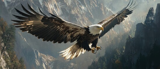 Wall Mural - Majestic Bald Eagle Soaring Above Mountain Range