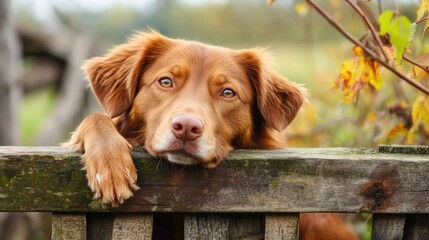 A brown dog reclining with its head on a wooden fence