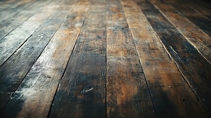 Poster - a weathered wooden floor featuring dark stained edges and textured scratches from dust accumulation