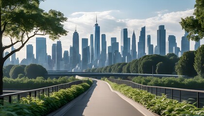 Sleek urban journey along a minimalist road toward a modern city skyline