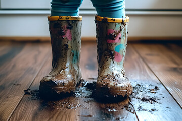 Poster - Muddy Kids. Rubber Rain Boots for Dirty Children on Laminate Floor