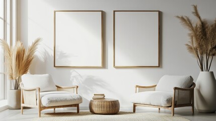 Poster - A bright Scandinavian-inspired living room features two vertical metal frames mounted on a white wall. The space includes plush seating and decorative plants, creating a serene atmosphere