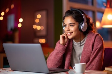 Latin young woman school college student wear headphones learn laptop computer headset.