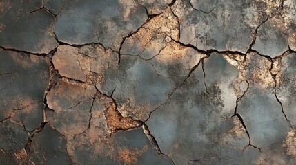 A textured surface of cracked concrete featuring shades of copper