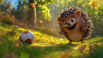 Sticker - A cheerful hedgehog plays with a soccer ball in a vibrant, sunlit forest setting.