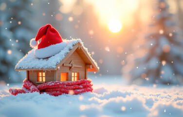 wooden toy house in Santa Claus hat and red scarf in a snowy forest