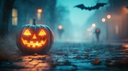 Lit Jack-o'-Lantern on a Foggy Halloween Street