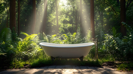 Wall Mural - Luxury Forest. Beautiful Bathtub in a Green Forest Botanical Background