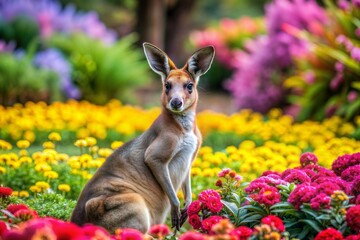 Sticker - Kangaroo in field of bright flowers