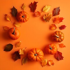 Wall Mural - autumn background with pumpkin and yellow leaves 