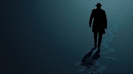 Wall Mural - Silhouette of a man in a hat walking on a path of footprints.