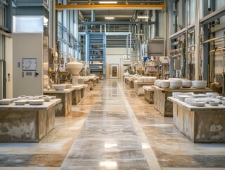 Industrial Ceramic Manufacturing Process Displaying Rows of White Ceramic Dishes in a Modern Factory Setting