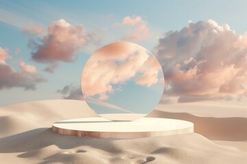 A large round mirror is placed on a sandy beach, reflecting the sky