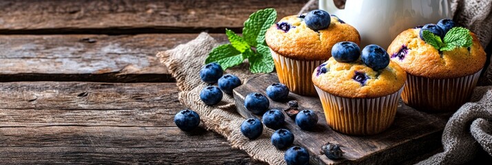 Poster - Delicious blueberry muffins arranged on a rustic wooden table. Fresh berries scattered around add a touch of color. Perfect for breakfast or dessert. An inviting culinary display. AI