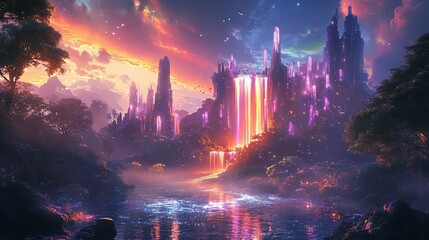 Wall Mural - A Mystical Forest City with Glowing Towers and Waterfalls