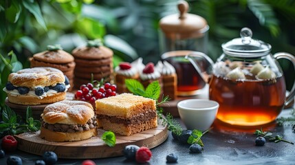 Tea time, traditional English tea ceremony with Afternoon tea cakes, sandwiches and teapot with hot tea. Sweet tasty cakes and desserts with greenery on background.