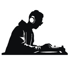 DJ Man Mixing Silhouette – Black and White Vector Design on Transparent Background for Logos and Stickers