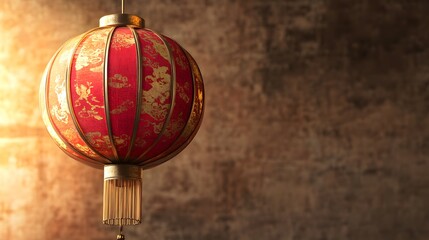 Red and gold Chinese lantern with traditional patterns in a round shape simple details