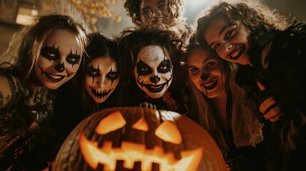 Happy young people having fun at a Halloween costume party while dressed up as various eerie characters and sporting scary makeup on their faces. Adult friends in a group photo with a classic smiley 